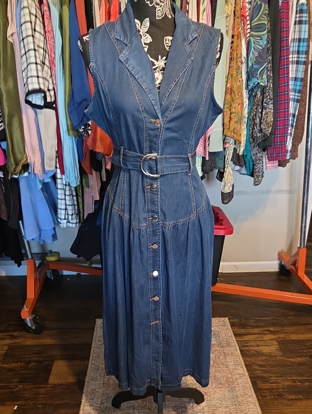 Denim Button-Front Dress with Contrast Stitching